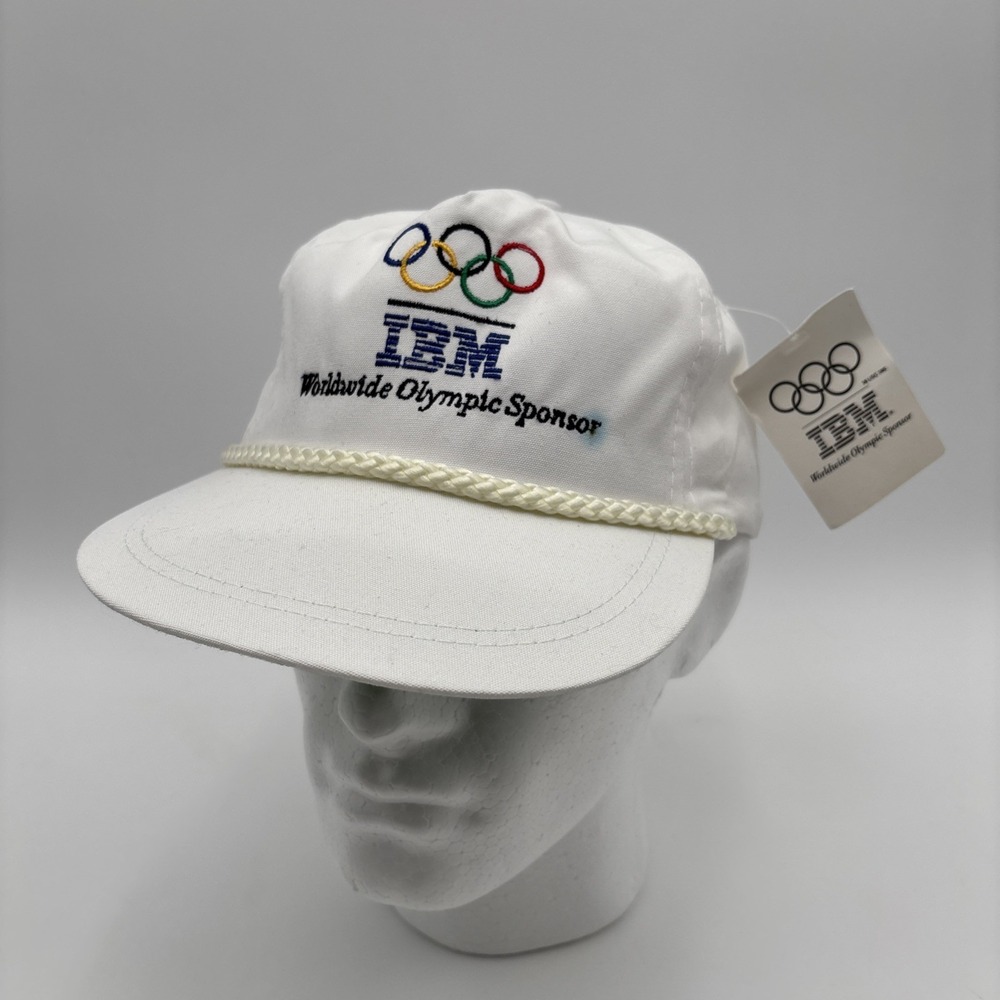 Vintage IBM Worldwide Olympics Sponsor Cap Hat Flat Bill 1988 80s White RARE NWT